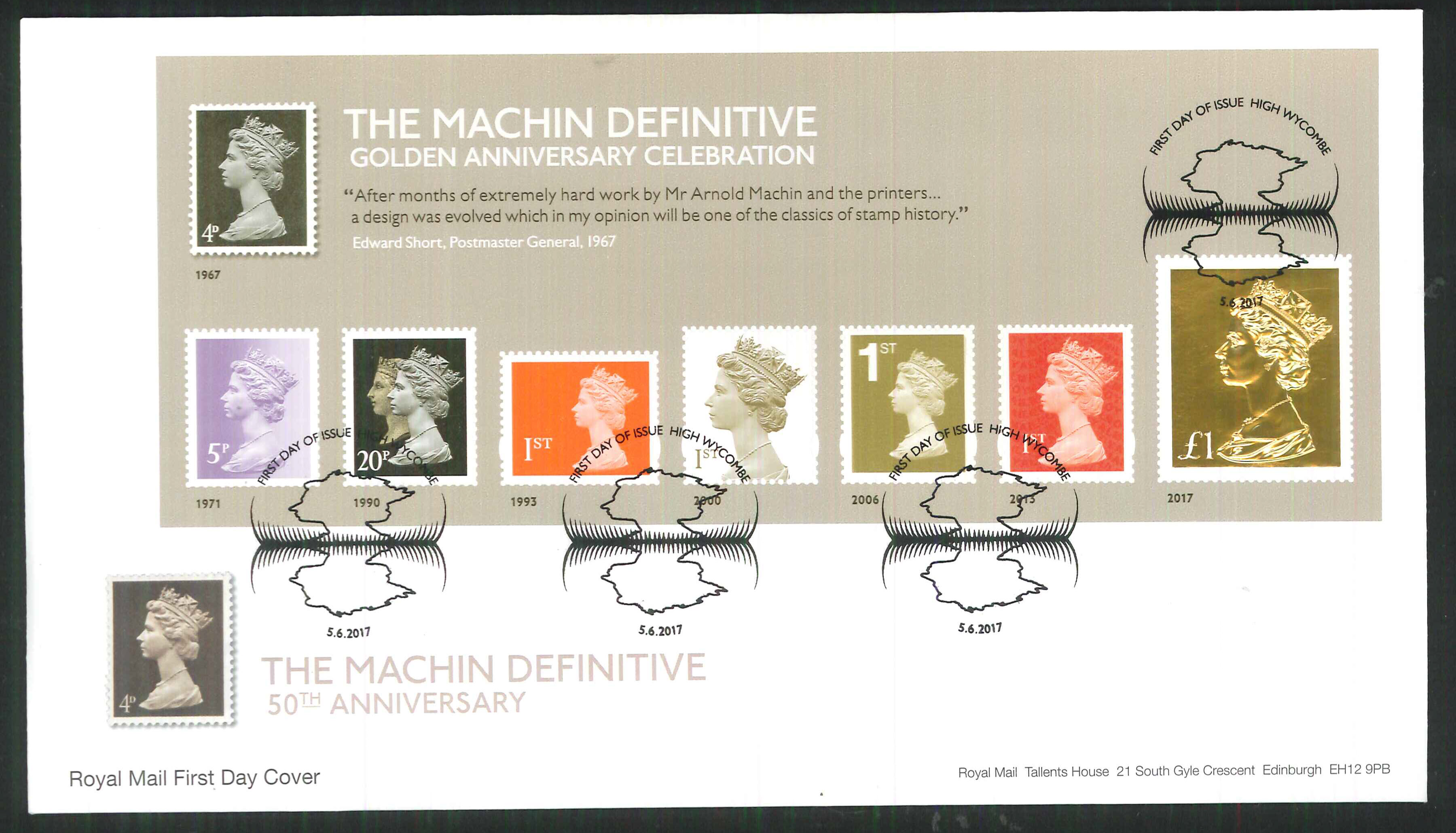 2017 - First Day Cover Machin Mini Sheet Gold FDI High Wycombe Postmark